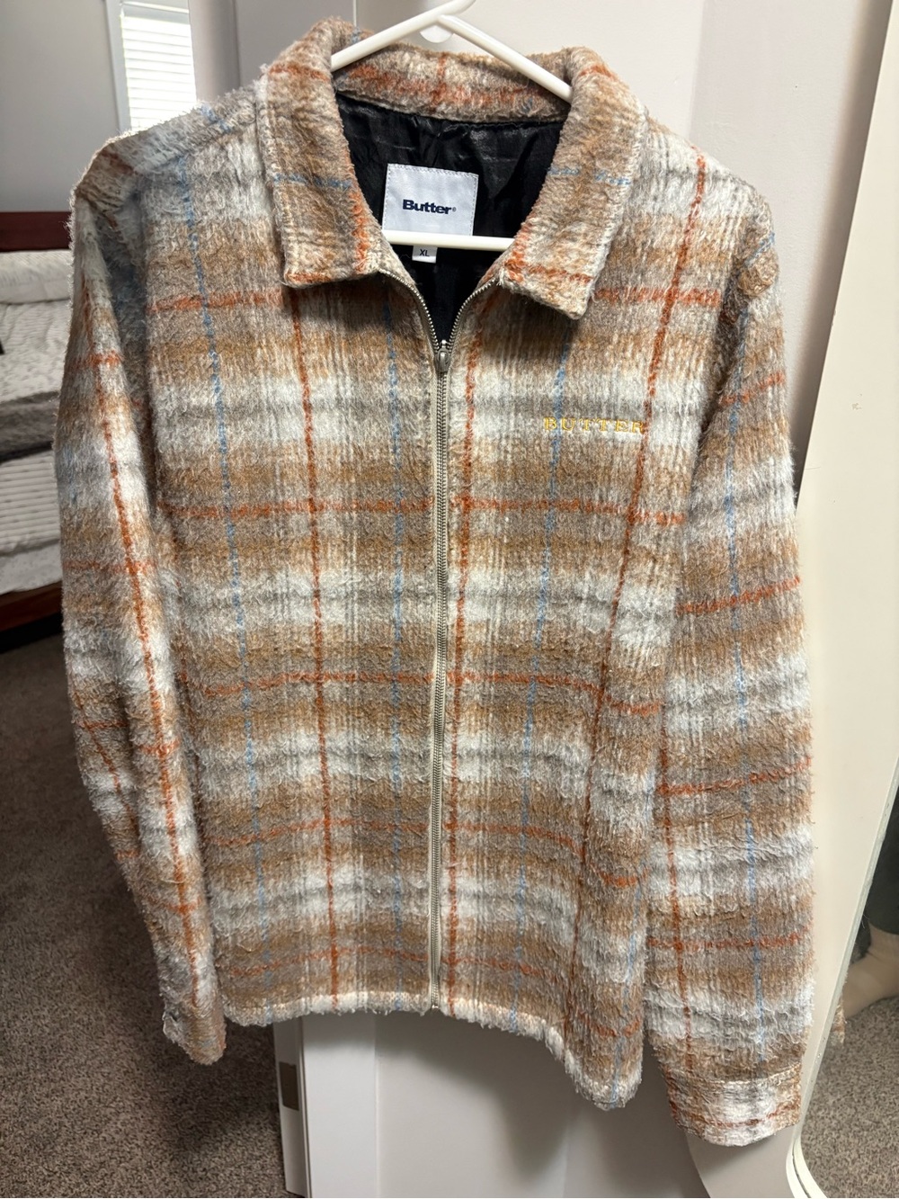 Butter Plaid Zip Jacket in Cream, Tan & Blue Accent